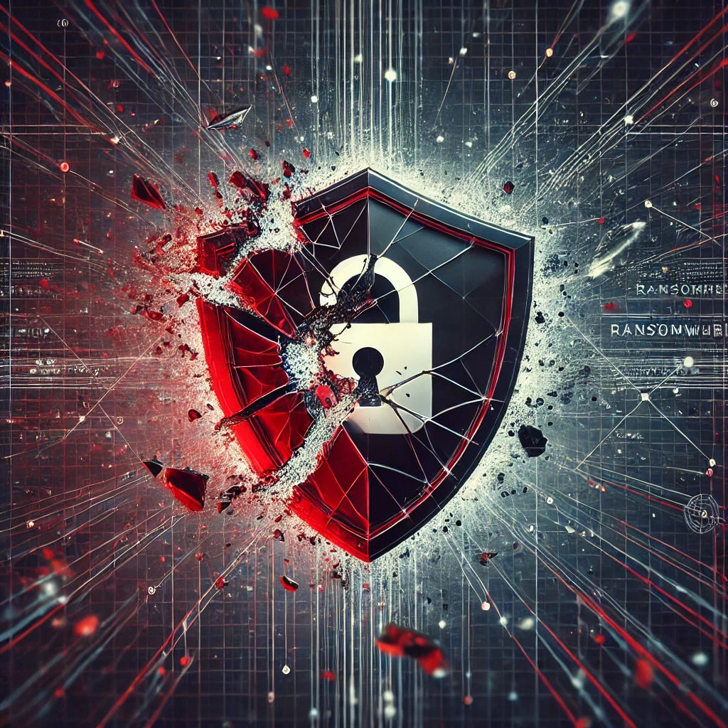 A digital illustration representing the ransomware group RansomHub, responsible for compromising over 200 organizations. The image conveys a sense of urgency and danger, focusing on the cybersecurity threat. The background features a dark, ominous network of interconnected lines and nodes, symbolizing the complex web of cyberattacks. In the foreground, there is a prominently shattered digital shield, with large, visible cracks and fragments flying off, clearly showing it is broken. The color scheme is predominantly red and black to emphasize the threat and the urgency of the situation.