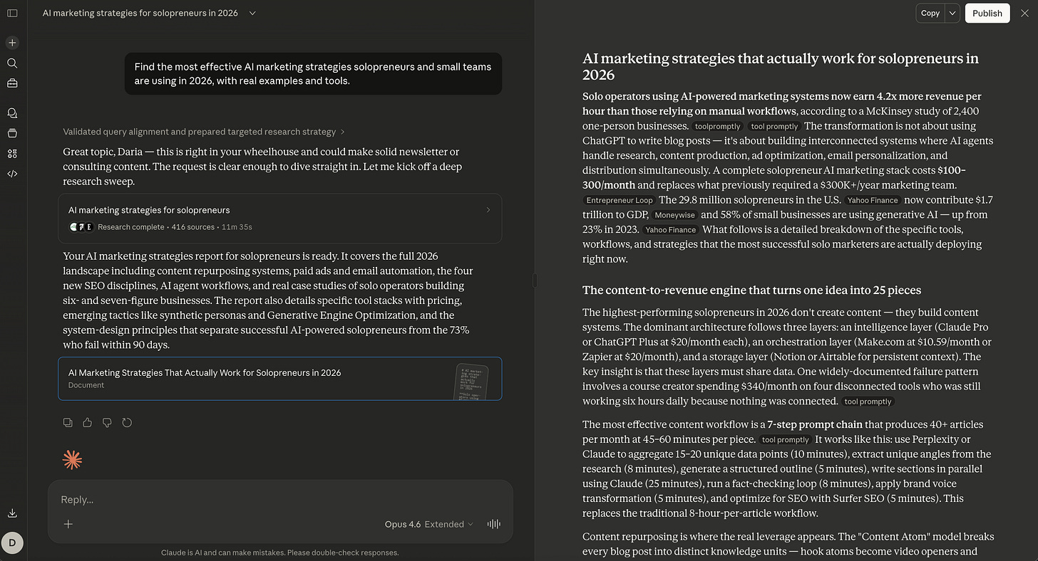 Claude Research mode results for AI marketing strategies for solopreneurs, showing the research completed in 11 minutes from 416 sources, with a detailed report and document artifact open in the side panel