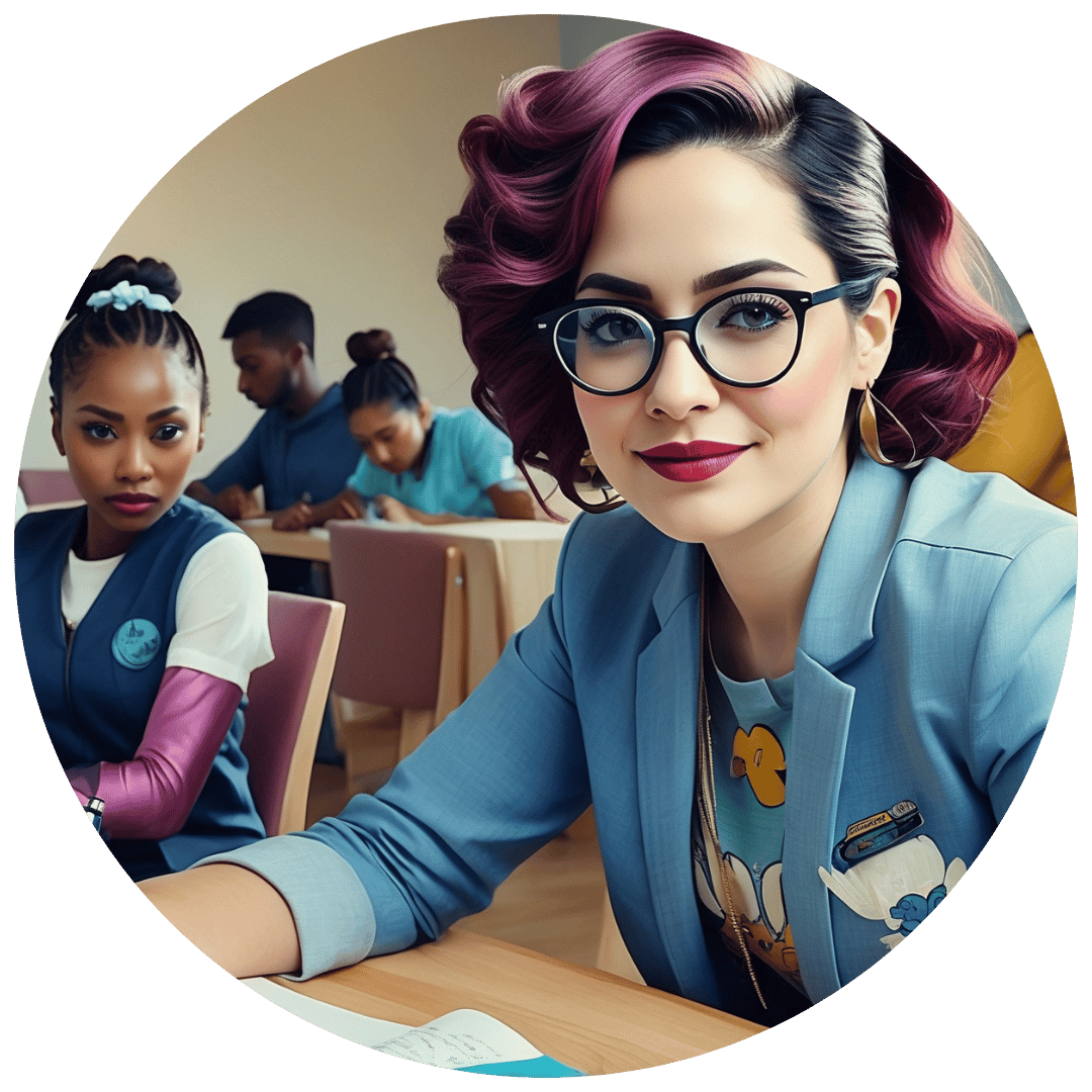 A vibrant classroom scene with a woman in the foreground wearing a light blue blazer, black-rimmed glasses, and styled purple hair, smiling warmly. A second woman with braided hair and a blue and white uniform sits in the background along with others engaged in study or group activities.