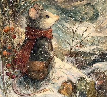 A mouse wearing a scarf and a red scarf standing on a snow covered hill

AI-generated content may be incorrect.