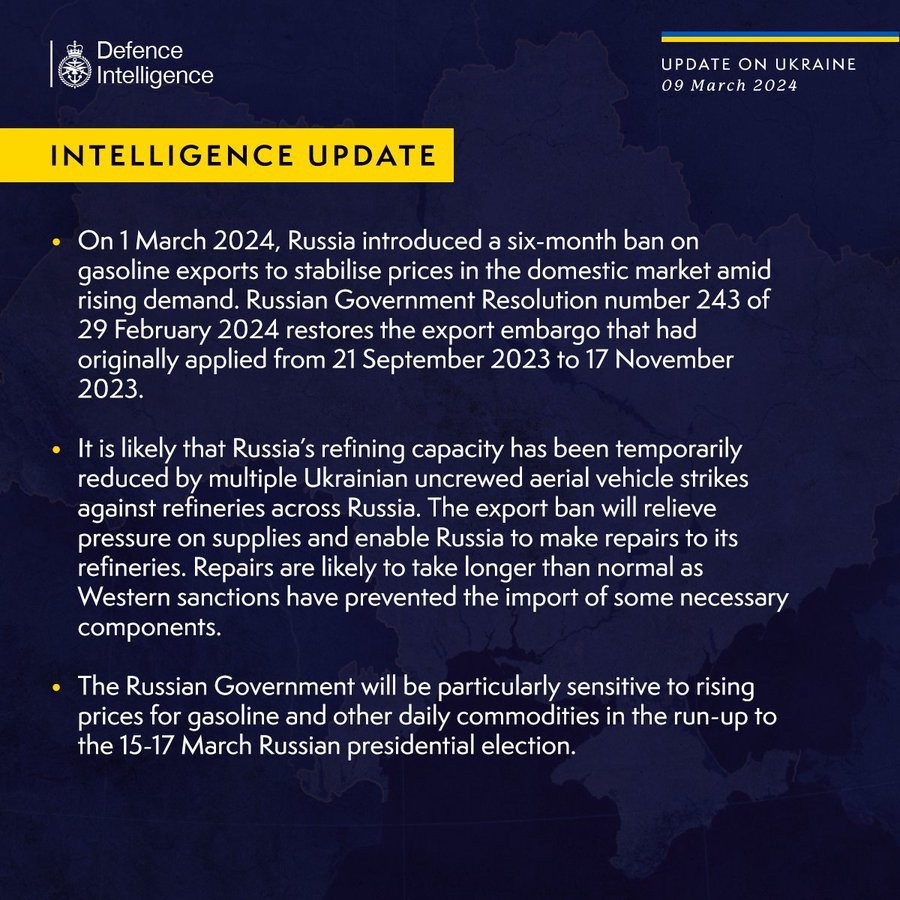 On 1 March 2024, Russia introduced a six-month ban on gasoline exports to stabilise prices in the domestic market amid rising demand. Russian Government Resolution number 243 of 29 February 2024 restores the export embargo that had originally applied from 21 September 2023 to 17 November 2023.
 
It is likely that Russia’s refining capacity has been temporarily reduced by multiple Ukrainian uncrewed aerial vehicle strikes against refineries across Russia. The export ban will relieve pressure on supplies and enable Russia to make repairs to its refineries. Repairs are likely to take longer than normal as Western sanctions have prevented the import of some necessary components.
 
The Russian Government will be particularly sensitive to rising prices for gasoline and other daily commodities in the run-up to the 15-17 March Russian presidential election.