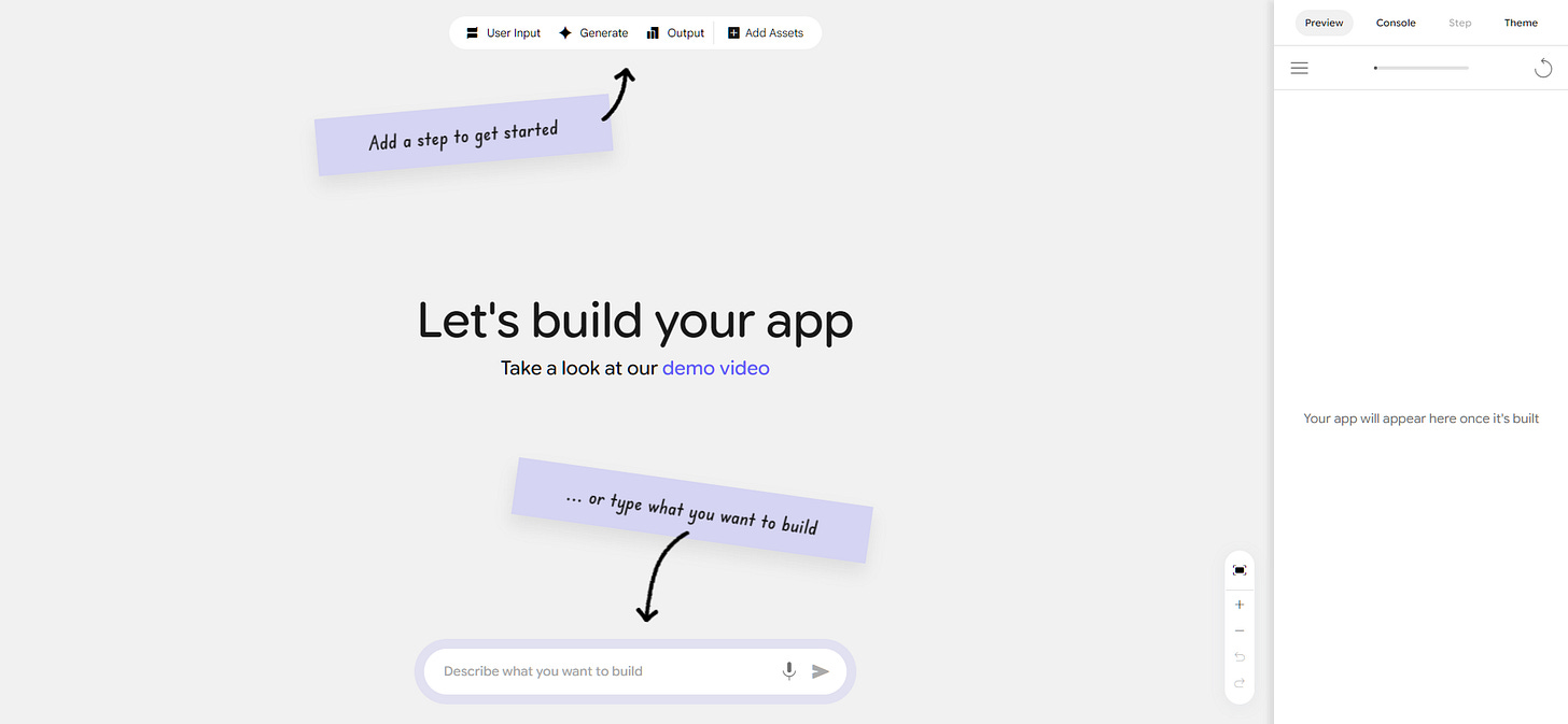 A screenshot of Google Opal’s blank app builder home screen showing “Let’s build your app,” demo video link, and prompts like “Add a step to get started” and “Describe what you want to build.”