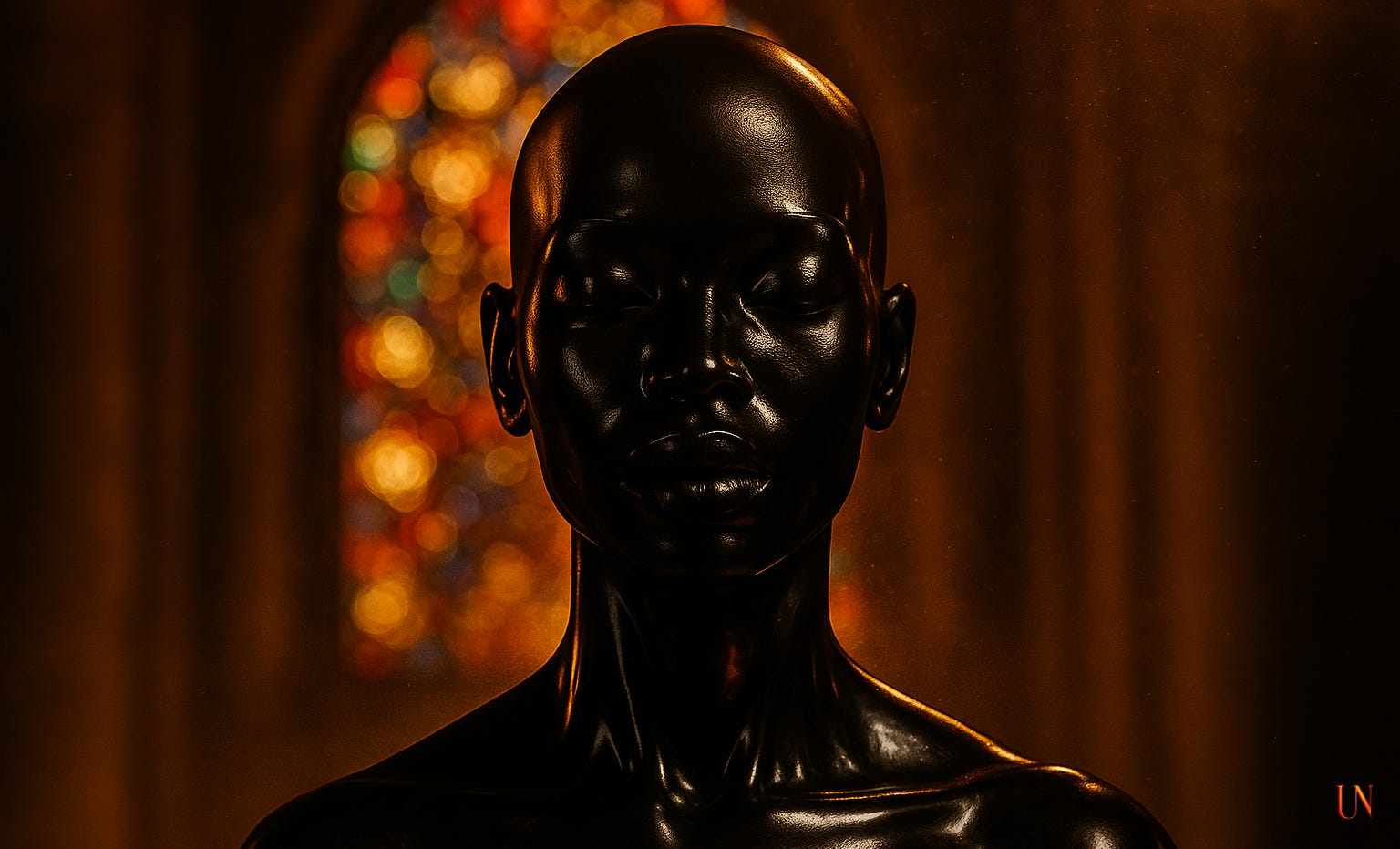 A Black ceramic figure stands before a burning wall of stained glass, eyes closed, face gleaming with reflected amber light. The air glows with dust like rising incense—half body, half altar. (UNSPUN Illustration, 2025)