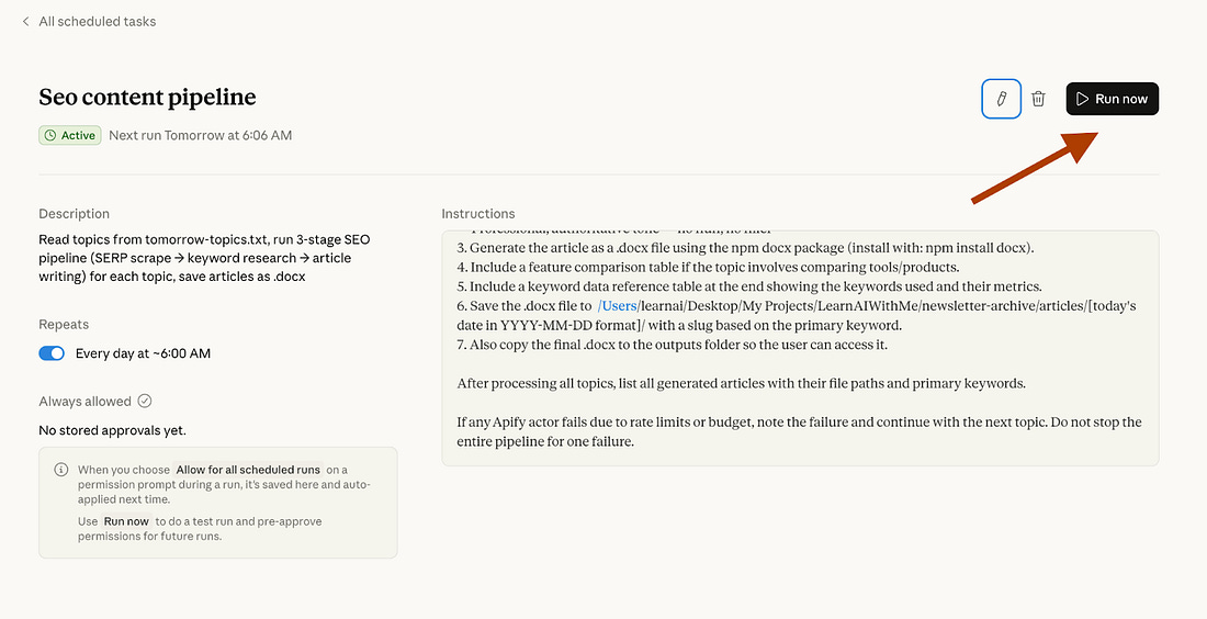 Claude Cowork Scheduled Tasks panel with the Run Now button highlighted for manually triggering the SEO content pipeline