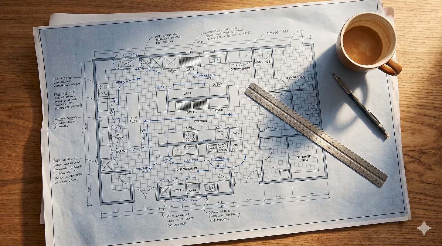 A top-down photograph of an annotated commercial kitchen redesign blueprint, marked with pencil notes and blue ink revision clouds. On a wood table, a steel ruler and a mechanical pencil are positioned near a coffee cup casting a shadow. The plan details a kitchen layout with equipment like grills, ovens, prep areas, and dishwashing, showing workflow modifications and pencil corrections in the margins. Warm natural light illuminates the entire workspace. A top-down photograph of an annotated commercial kitchen redesign blueprint, marked with pencil notes and blue ink revision clouds. On a wood table, a steel ruler and a mechanical pencil are positioned near a coffee cup casting a shadow. The plan details a kitchen layout with equipment like grills, ovens, prep areas, and dishwashing, showing workflow modifications and pencil corrections in the margins. Warm natural light illuminates the entire workspace.