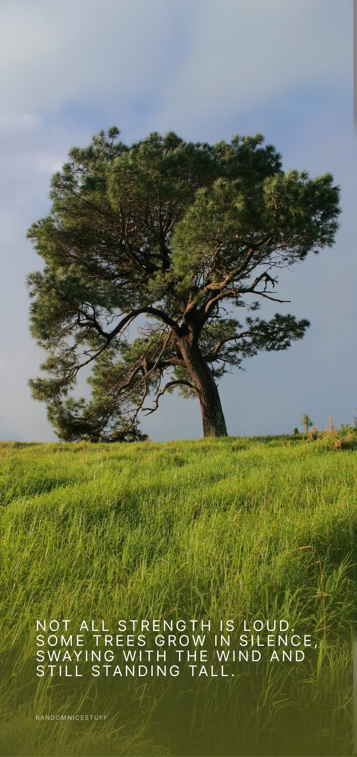 A lone pine tree stands tall in a vibrant green field under a blue sky, with an inspirational quote below.