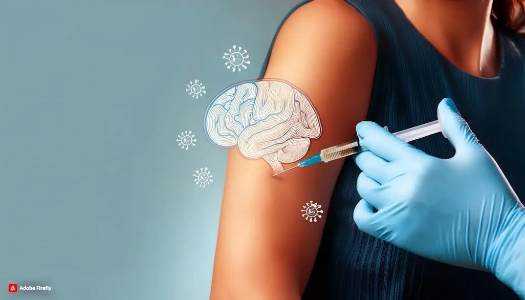 A person receiving a shingles vaccine, with a brain icon indicating a potential link to reduced dementia risk.