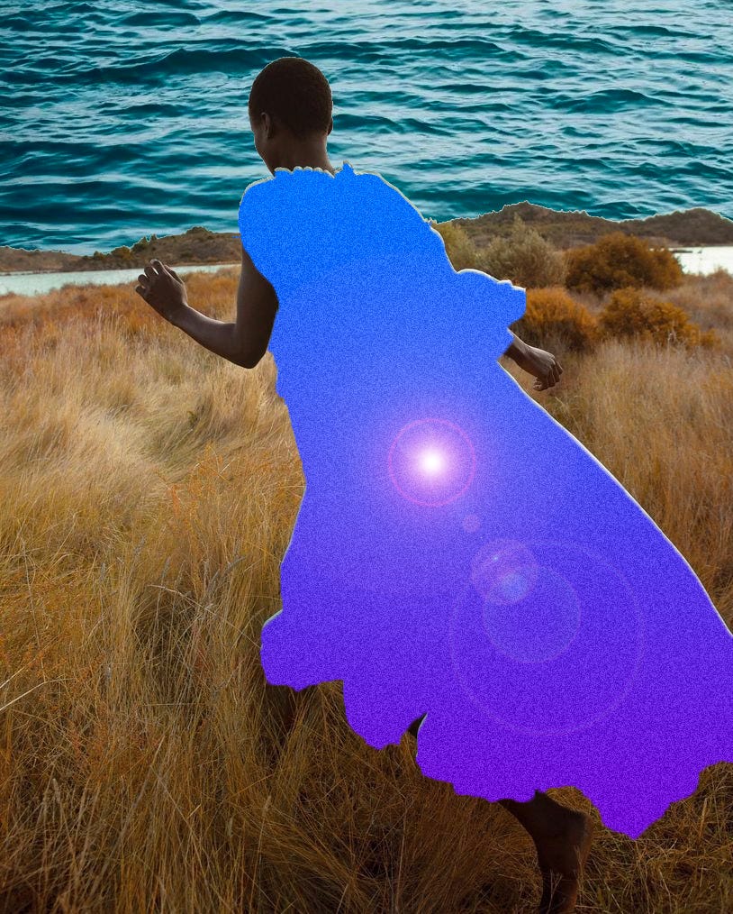 Photo of a dark skin Black person with short hair running. It is digitally edited, the top portion is the ocean and the person's garment is a blue gradient with a lens flare.