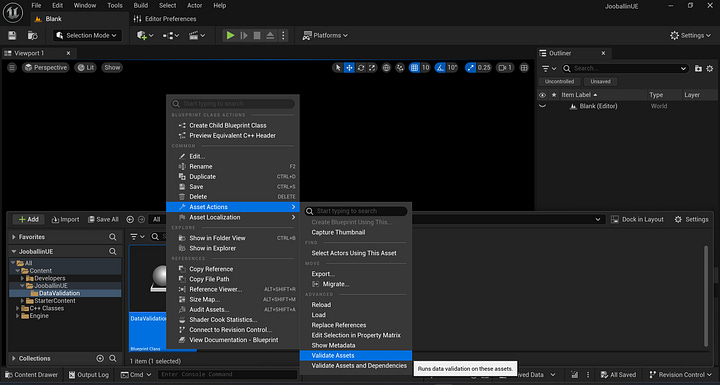 From Top Left going Clockwise: Compiling a Blueprint Result, Saving a Blueprint Result, How to run Data Validation on an Asset(s), and Data Validation Results