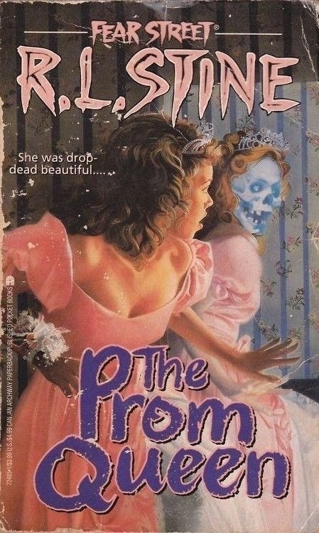 This may contain: the prom queen by r l stine is shown in front of a book cover
