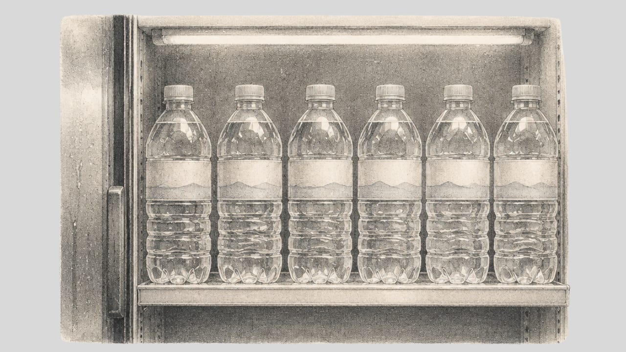 Graphite illustration of six plastic water bottles lined in a single row inside a convenience store refrigerator case. Graphite illustration of six plastic water bottles lined in a single row inside a convenience store refrigerator case.