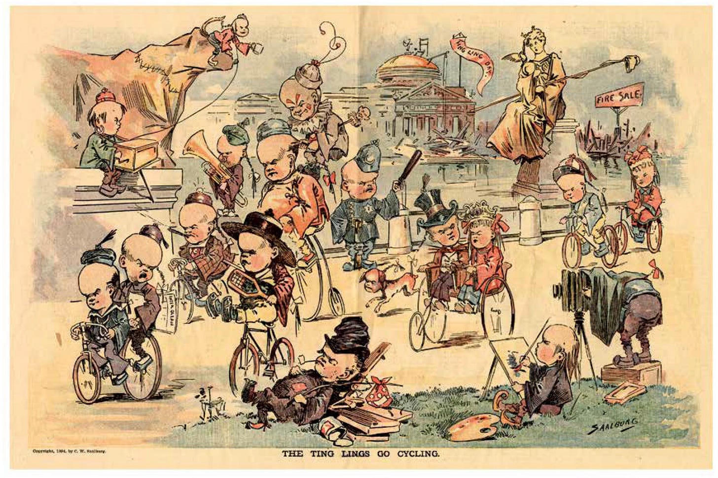 1894 spread from Inter Ocean features The Ting Lings, the first regular cartoon characters in Sunday supplements. The characters were caricatures of Asian people, an early taste of endless ethnic stereotypes and racism that were pervasive in early comics. 1894 spread from Inter Ocean features The Ting Lings, the first regular cartoon characters in Sunday supplements. The characters were caricatures of Asian people, an early taste of endless ethnic stereotypes and racism that were pervasive in early comics.
