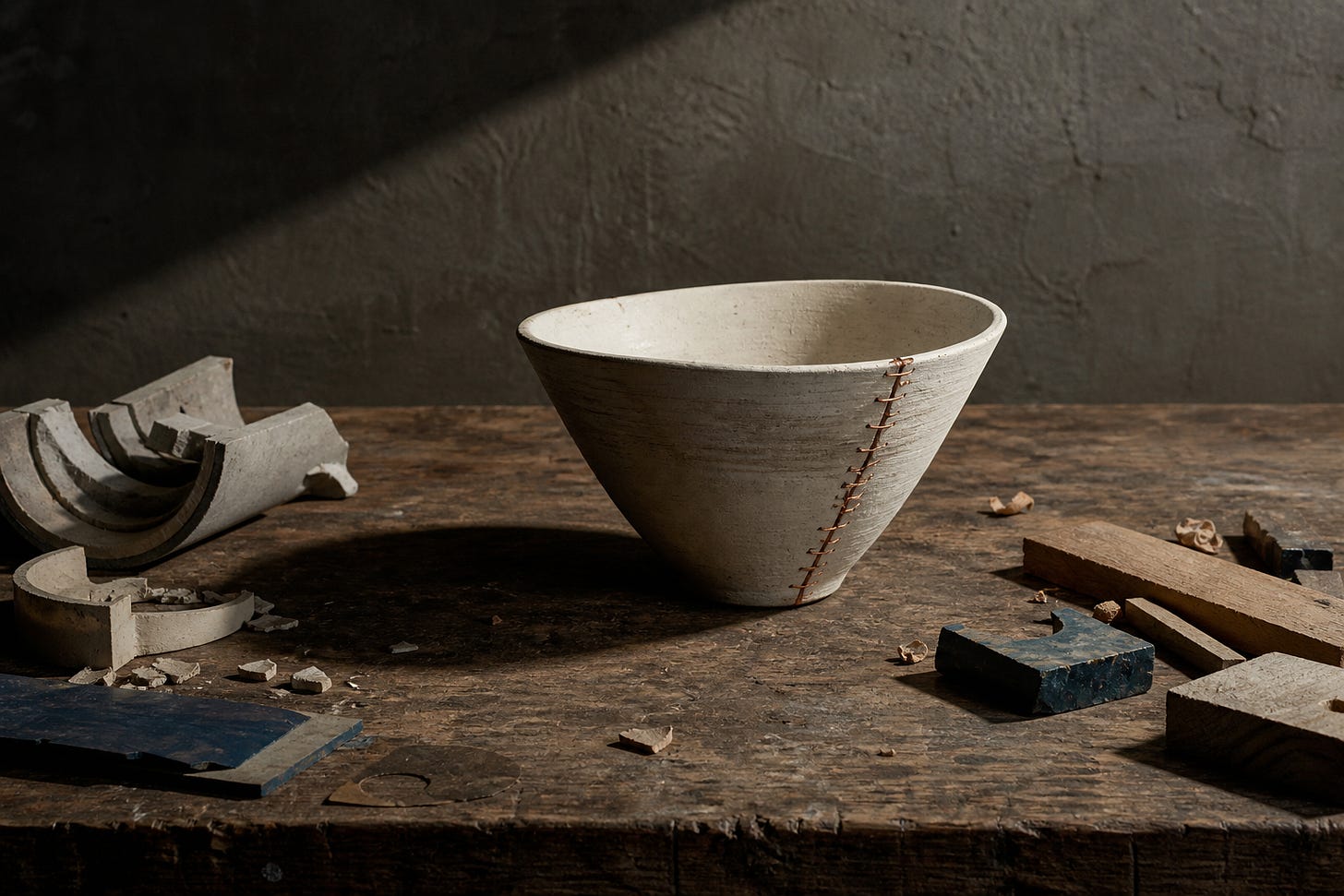 A white ceramic bowl with visible stitches sits on a worn wooden table, surrounded by broken pottery and scattered wood pieces.