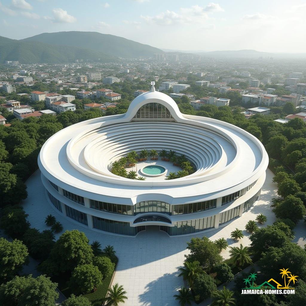 A stunning, circular modern church located in the heart of Kingston, Jamaica, designed to symbolize unity, eternity, and inclusiveness. The church’s exterior is a seamless combination of white concrete and reflective glass, with its perfectly round shape standing as a bold architectural statement. The building rises gracefully, with tiered levels that spiral upward, creating a dynamic, eye-catching silhouette against the vibrant Kingston skyline. The main sanctuary is at the center, surrounded by a continuous ring of glass walls that offer panoramic views of the city and the nearby Blue Mountains. Inside, the space is open and filled with natural light, with curved seating arrangements that emphasize togetherness and connection. A central skylight at the dome floods the interior with sunlight during the day and reveals the stars at night, creating a serene and awe-inspiring atmosphere. The design incorporates sustainable elements, such as solar panels and natural ventilation, while the surrounding grounds feature lush tropical landscaping, outdoor seating areas, and spaces for community gatherings. This circular church serves as a modern icon of faith and innovation, blending the spiritual and the architectural in the vibrant Caribbean setting of Kingston.