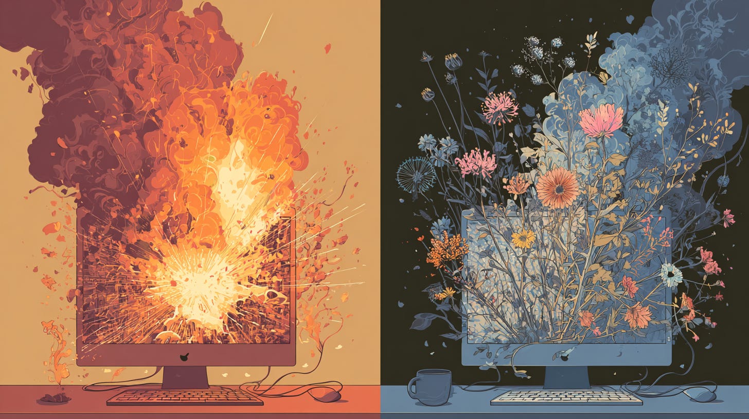 two websites: one bursting into flame, the other blooming