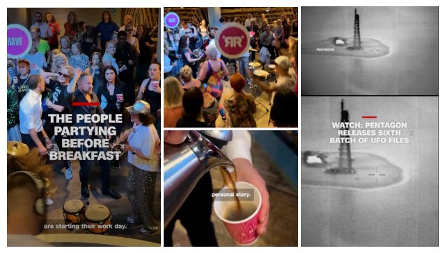 Screengrab of white people dancing, drijking coffee and new UFO file footage that's black and white from Facebook Screengrab of white people dancing, drijking coffee and new UFO file footage that's black and white from Facebook