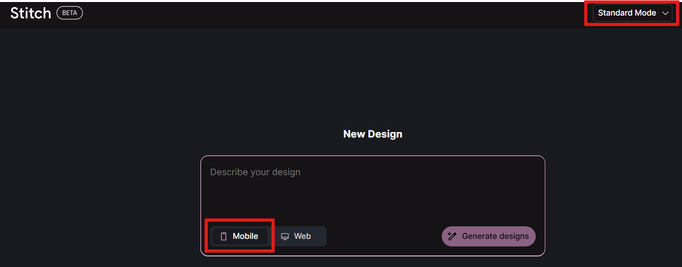 Chọn Standard Mode và Mobile Layout trong Google Stitch