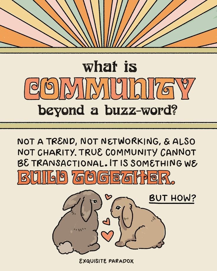 This may contain: a poster with two rabbits and the words, what is community beyond a buzz - word?