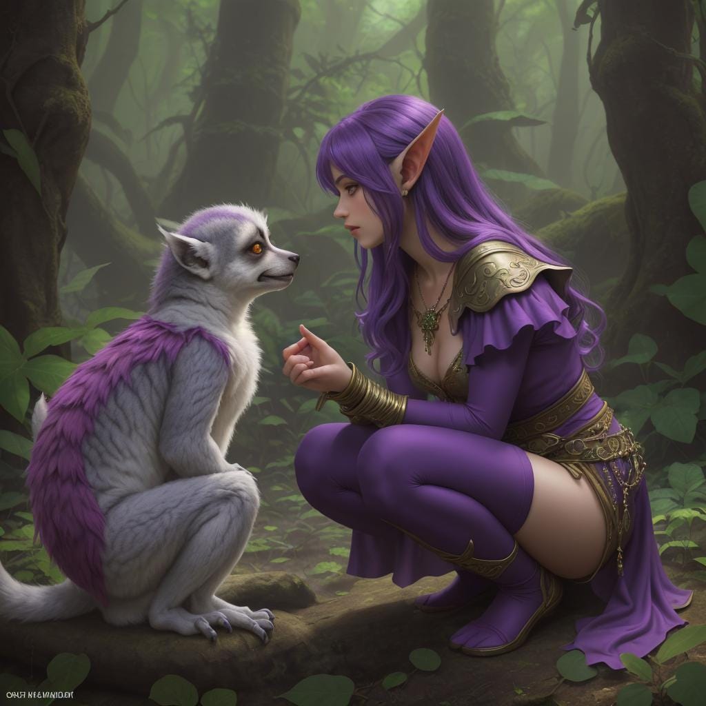 A purple fantasy elf in a fantasy forest, talking to a lemur. The lemur has an amulet hanging around its neck. A purple fantasy elf in a fantasy forest, talking to a lemur. The lemur has an amulet hanging around its neck.