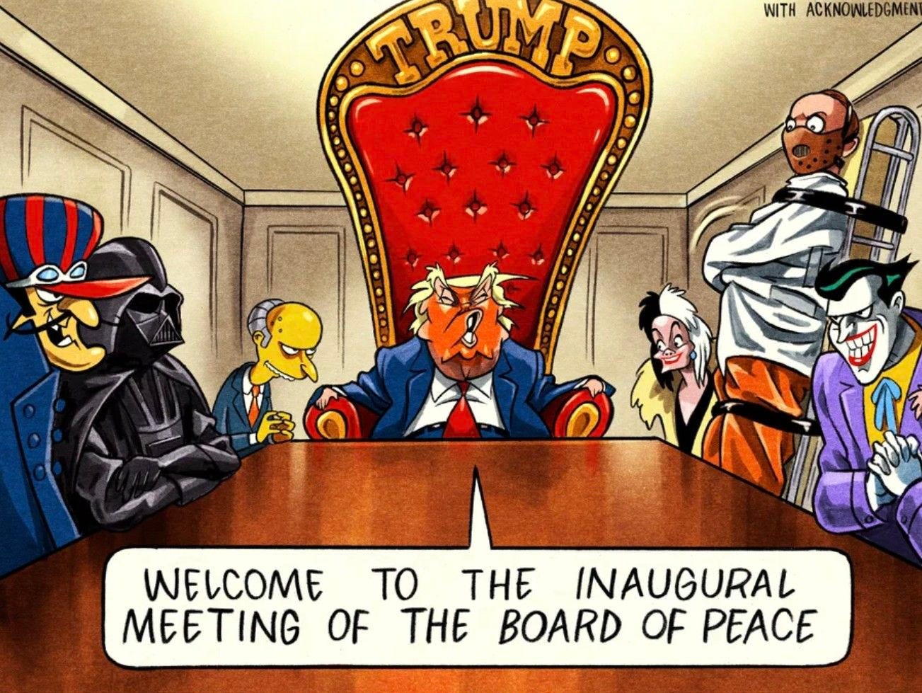 May be an image of the Oval Office and text that says 'WITH ACKNOWLEDGMENT DGMENT TRUMP O公 ገው WELCOME TO THE INAUGURAL MEETING OF H BOARD OF PEACE'