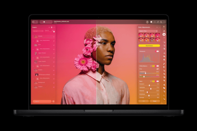 Photographers and designers can make complex AI-powered image adjustments in real time using apps like Pixelmator Pro on the 14-inch MacBook Pro with M6.