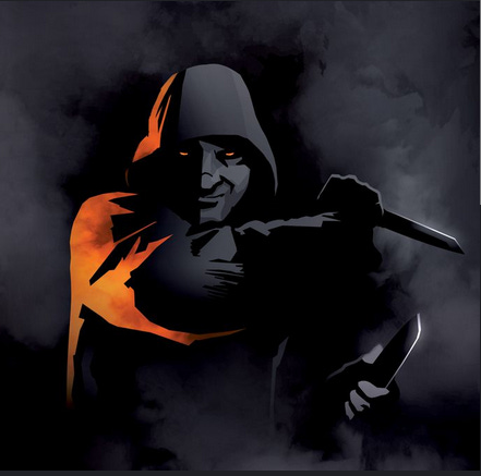 A hooded scoundrel appears in front of a veil of fog, he is grinning and is holding a dagger in both hands, one poised to strike and one poised to stab.