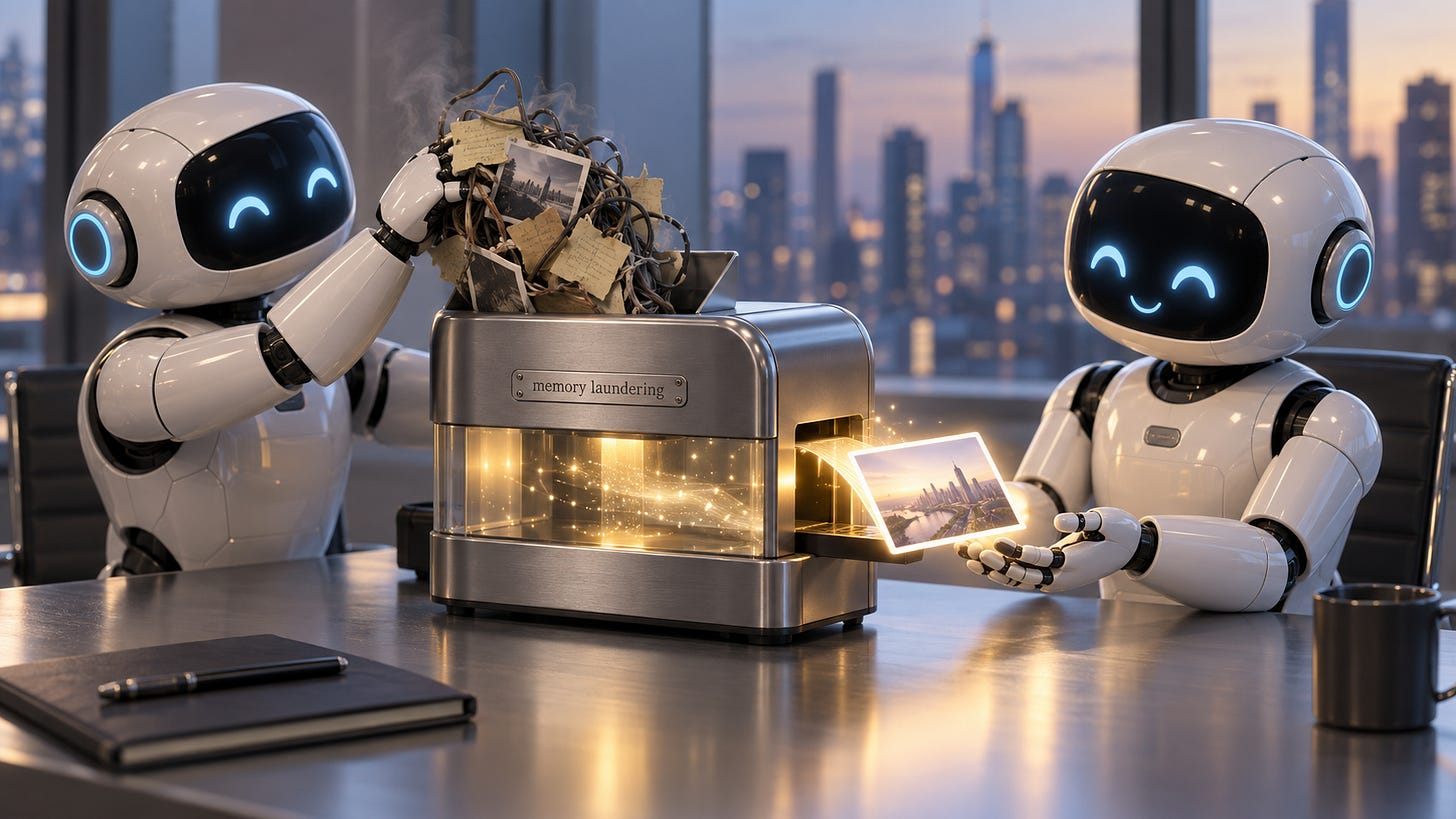 AI robots process tangled memories into a polished summary through a “memory laundering” machine. AI robots process tangled memories into a polished summary through a “memory laundering” machine.
