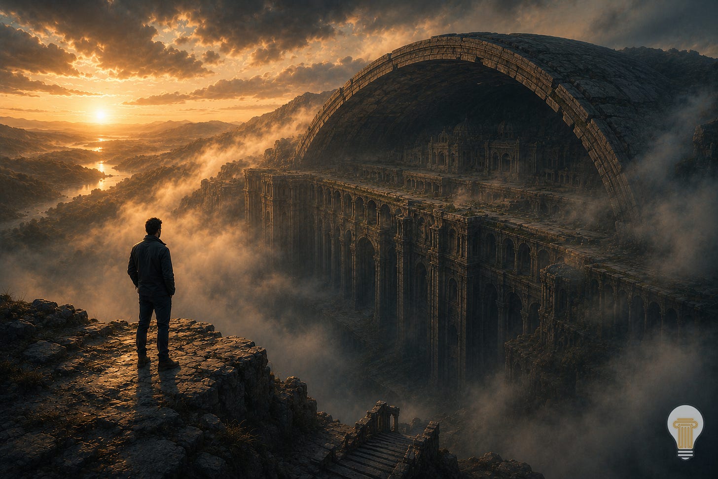 A solitary figure stands on a rocky cliff at sunrise overlooking the exposed roof of an immense ancient structure buried beneath mist. The vast hidden architecture stretches deep below the visible surface, symbolising the difference between observable performance and the unseen capability that supports it.