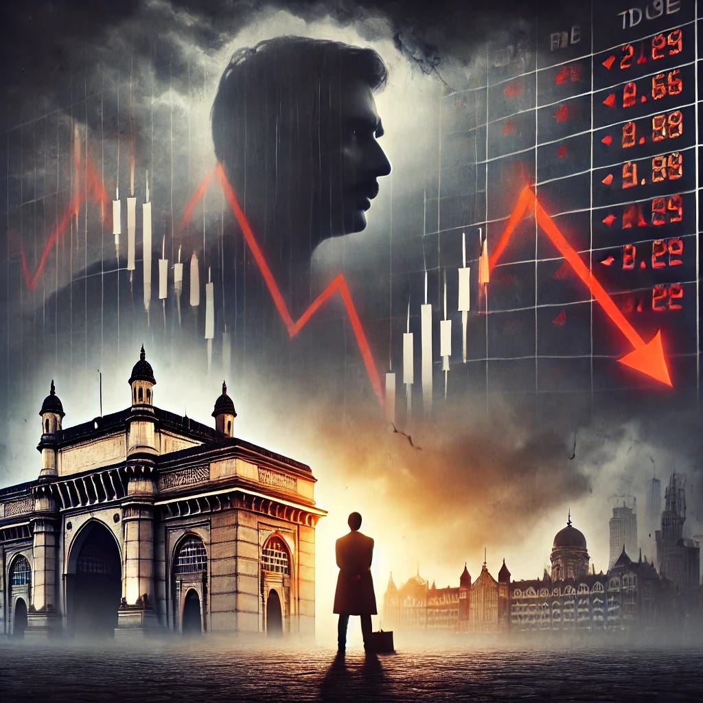 A cautionary image representing the Indian stock market with a dramatic atmosphere. In the foreground, a stock market chart showing a steep drop, with red arrows pointing downward. In the background, iconic symbols of India like the India Gate and the Mumbai skyline. The image should evoke a sense of caution and volatility, with stormy skies and dark clouds overhead. The stock market board should be visible with alarming numbers and indicators. A subtle, shadowy figure of a trader can be seen looking at the board in the distance, symbolizing concern.