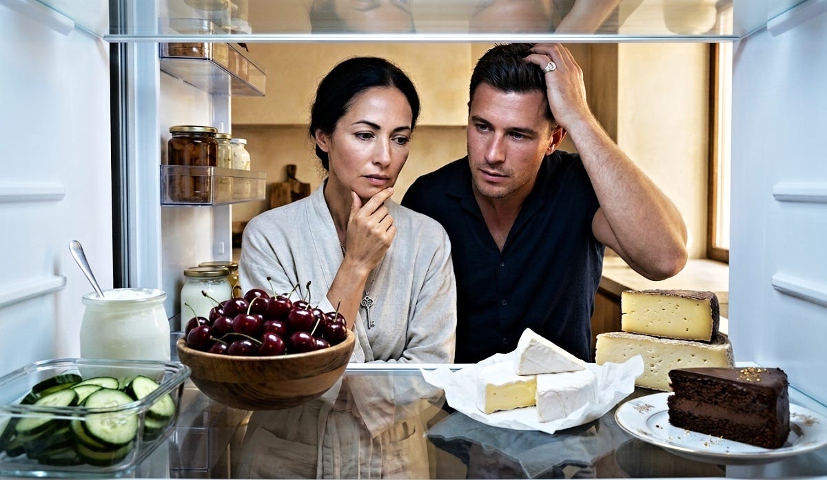 A man and a woman looking thoughtfully into an open refrigerator filled with food options in a brightly lit kitchen.