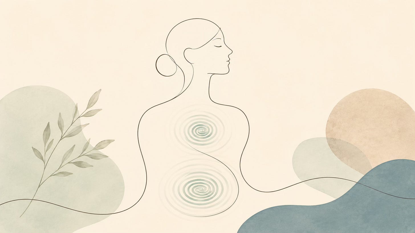 Minimal line illustration showing the connection between the mind and body, representing how emotional patterns can live in the nervous system.