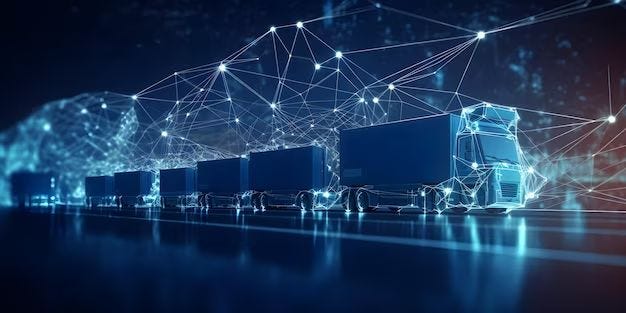 This may contain: a line of semi - trucks with connected lines and dots on them in front of a dark background