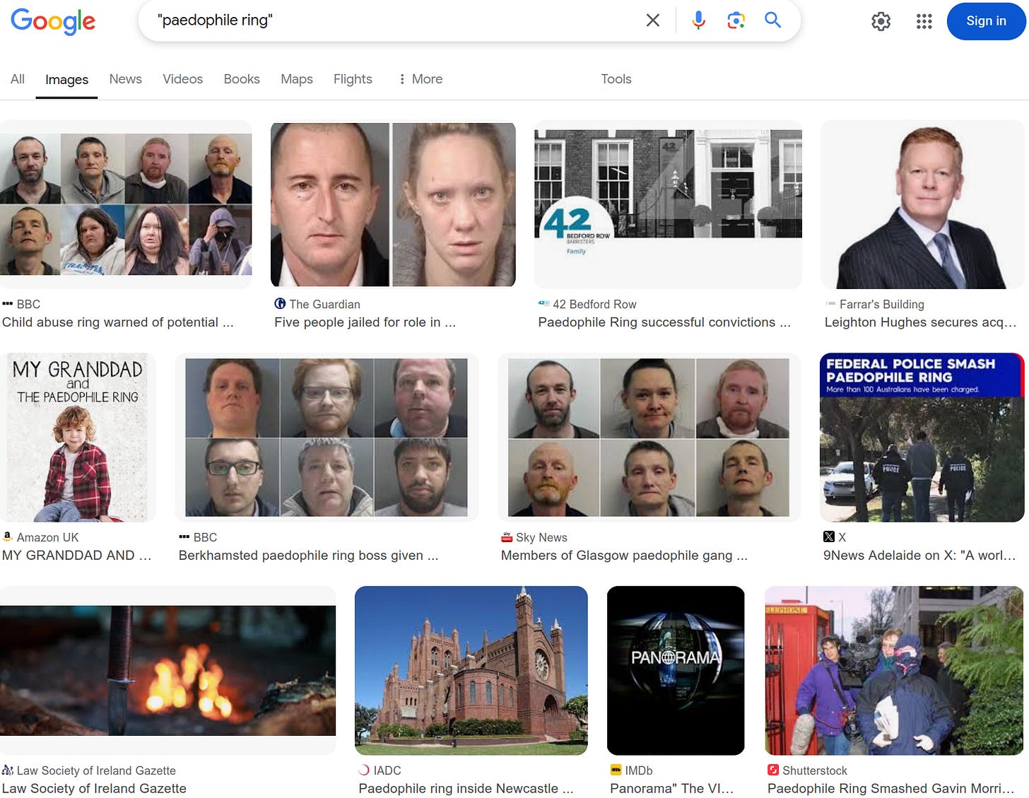 Google Image Search results for "paedophile ring": overwhelmingly if not exclusively white people (a few female), most of them in mugshots embedded in news reports about pedophile groups.