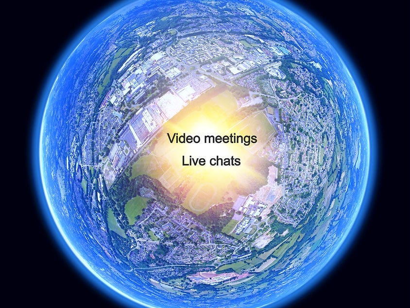 Earth in lens effect glowing with video and chat text