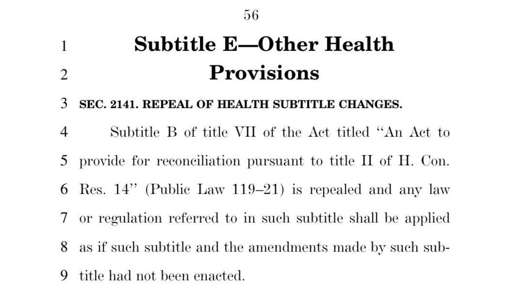 Text document detailing the repeal of health subtitle changes under SEC. 2141, including references to Public Law 119-21 and its implications.