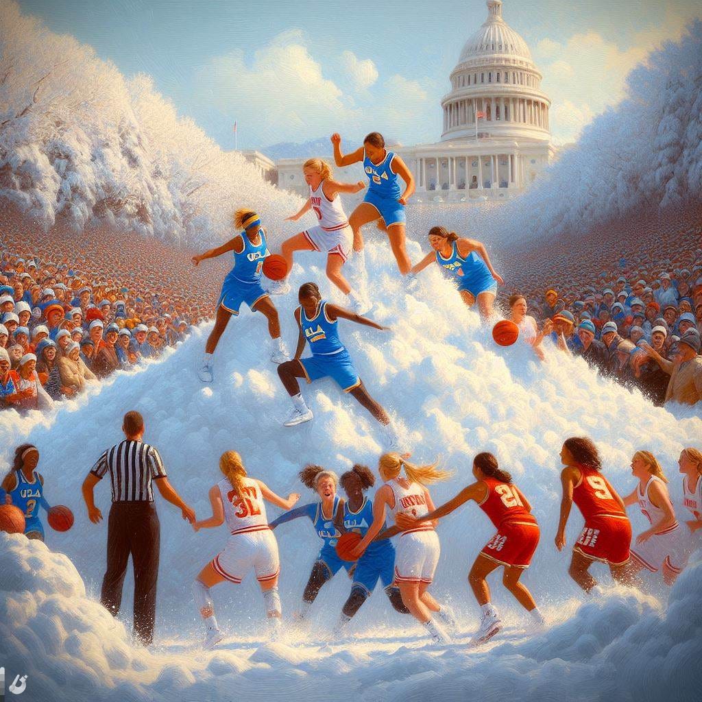 UCLA women's basketball and Utah women's basketball playing a game on top of a snowbank, impressionism UCLA women's basketball and Utah women's basketball playing a game on top of a snowbank, impressionism