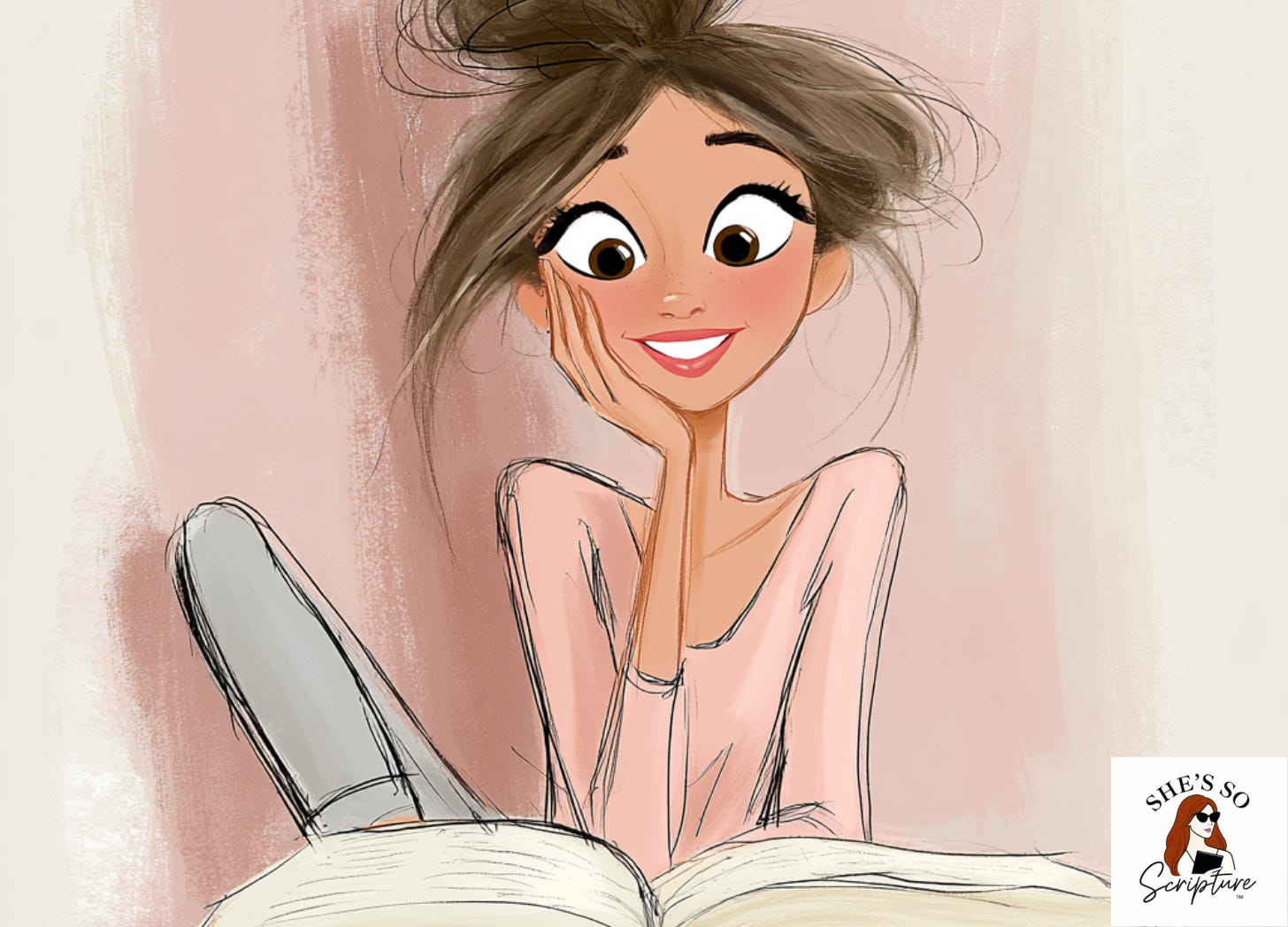 Fashion illustration of a woman studying an ancient manuscript with Hebrew text, seeds transforming into glowing words, in soft blush and cream tones.