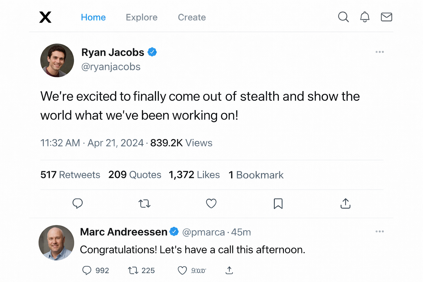 Screenshot of an X (Twitter) post where a startup founder announces coming out of stealth, with a reply from a well-known investor suggesting a call, showing high engagement metrics. Screenshot of an X (Twitter) post where a startup founder announces coming out of stealth, with a reply from a well-known investor suggesting a call, showing high engagement metrics.