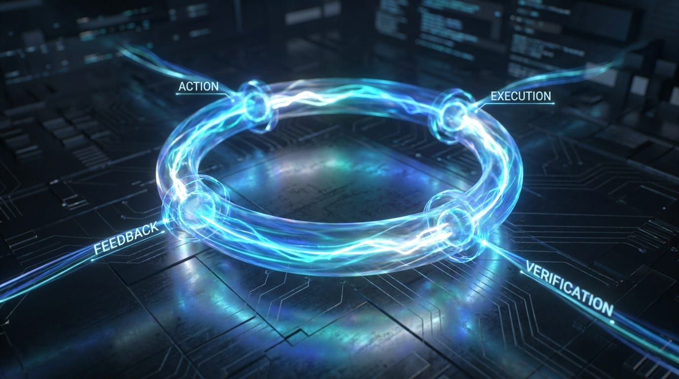 Autonomous AI feedback loop visualized as a glowing circular energy cycle with interconnected nodes on a dark circuit-board background Autonomous AI feedback loop visualized as a glowing circular energy cycle with interconnected nodes on a dark circuit-board background