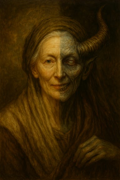 Morgantha, split between her human disguise and true Night Hag form, stands in a swirl of mist at the edge of the Barovian refugee camp. The left side of her body appears as her disguise—visually based on Tilda Swinton—with a plum shawl, flour-dusted skirt, and a warm, unsettling smile. The right side reveals her true form: dead blue skin, ram-like horns, yellow candle-rot teeth, and clawed fingers dripping with arcane energy. Her basket of dream pastries glows faintly, straddling both halves. Mist curls around her feet, and the looming walls of Vallaki rise behind her. The atmosphere is eerie, dual, and steeped in supernatural dread—capturing the moment her illusion begins to fracture.