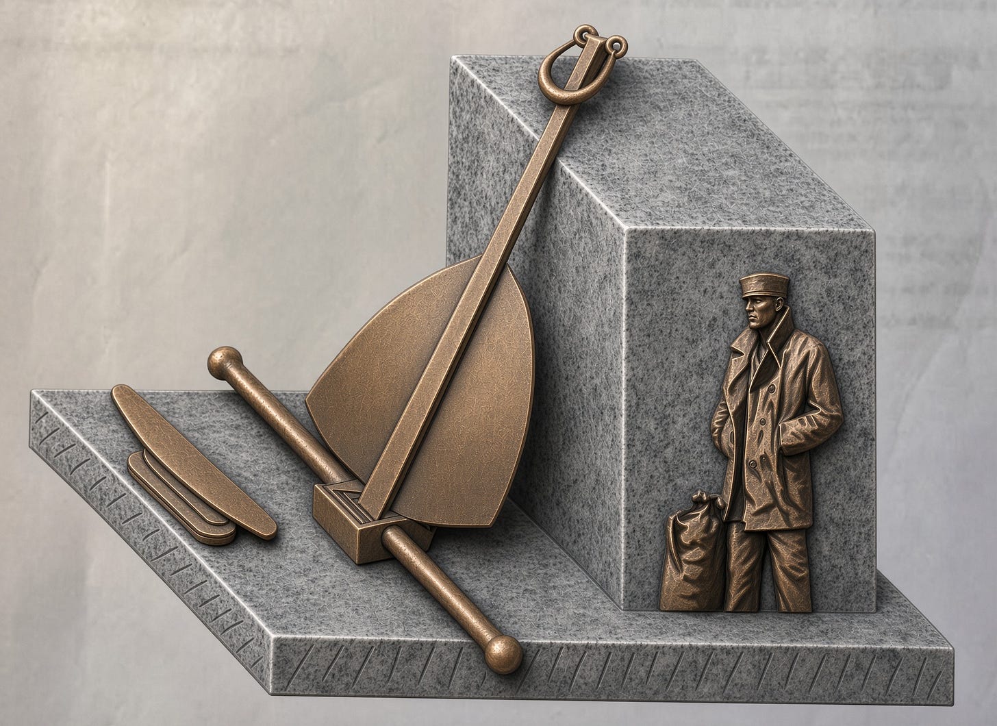 A minimalist, stone-and-bronze sculpture shows an oversized anchor-like tool and flat bronze pieces resting on a gray granite base, with a bronze relief figure of a man in a cap and long coat holding a bag standing against a tall granite block, set against a plain light-gray background.