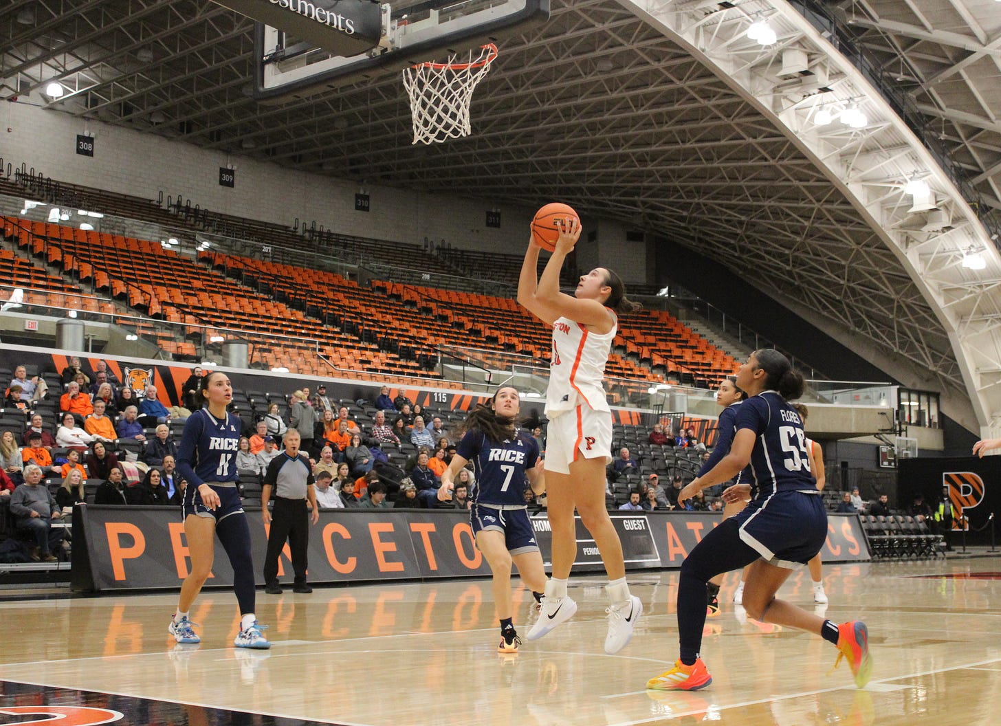 Skye Belker goes in for a layup during Princeton’s 69-56 win over Rice on Nov. 19, 2025. (Photo by Adam Zielonka)