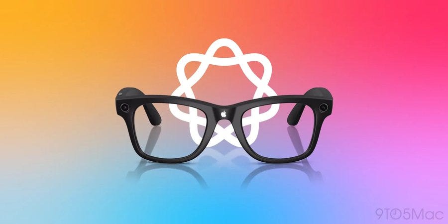 Black smart glasses with clear lenses and visible earpieces, positioned against a colorful gradient background of orange, pink, and blue. A white, abstract, six-looped logo is centered behind the glasses. A watermark reading "9105Mac" is visible in the bottom right corner.