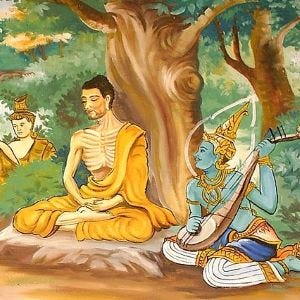 Buddha sitting cross-legged under a tree. He is very thin (ribs show). To his left, a god plays music.