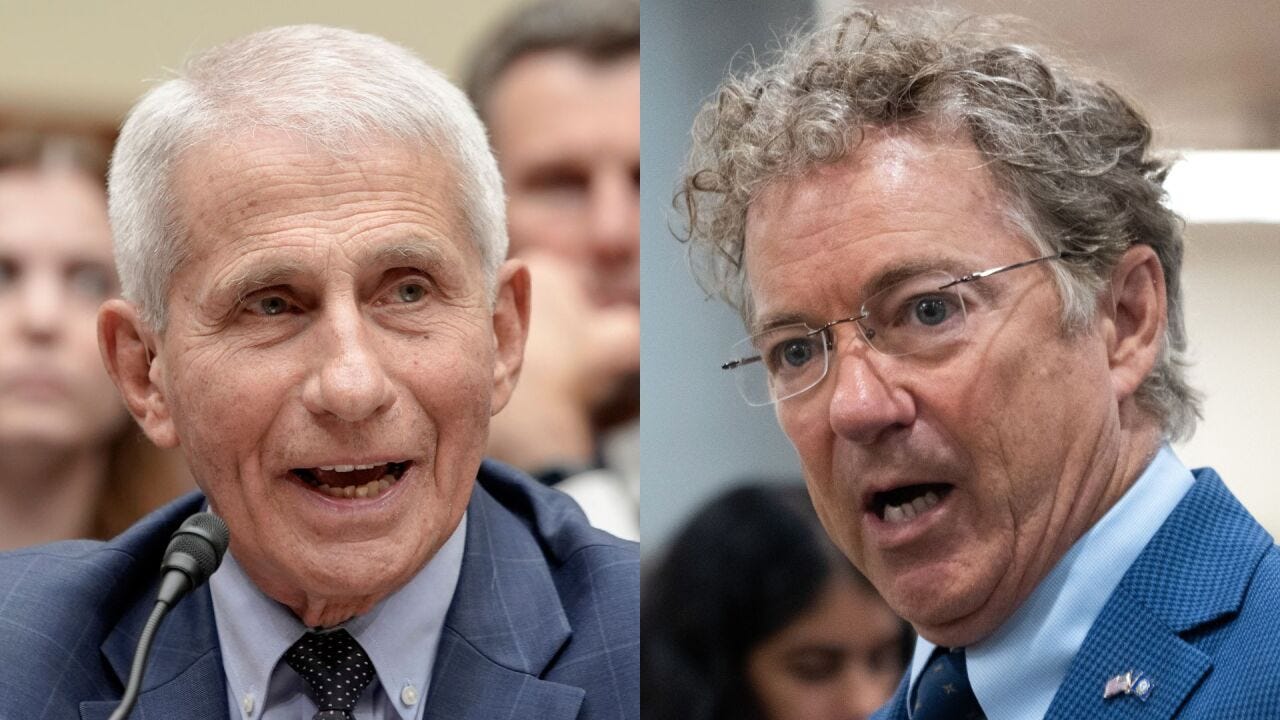 Split image of Anthony Fauci speaking at a Senate hearing and Senator Rand Paul Split image of Anthony Fauci speaking at a Senate hearing and Senator Rand Paul