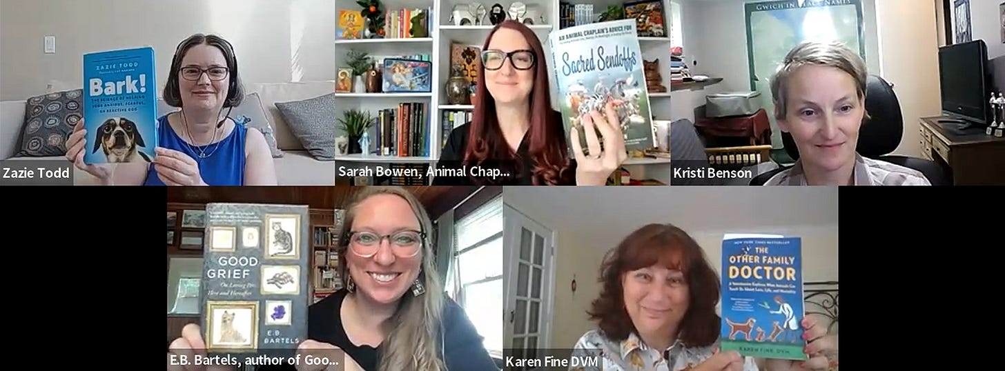 Clockwise from left: Zazie Todd, Sarah Bowen, Kristi Benson, Dr. Karen Fine, and E.B. Bartels. The authors are each holding up a copy of their book.