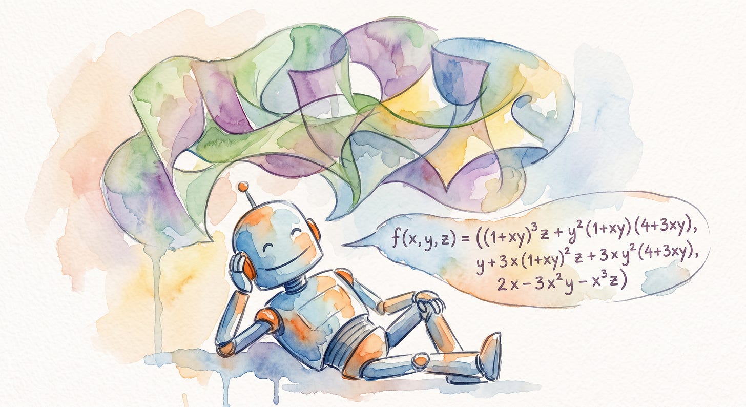 A simple watercolor of a robot reclining while imagining an affine variety (i.e., the manifold of points implicitly defined by a set of polynomials) and saying “f(x,y,z) = ((1+xy)^3 z + y^2 (1+xy) (4+3xy), y + 3 x (1+xy)^2  z + 3 x y^2 (4+3xy), 2 x - 3 x^2 y - x^3 z)” — courtesy of Gemini