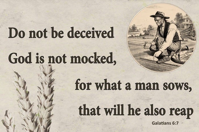 Galatians 6:7 Do not be deceived, God is not mocked; for whatever a man sows,  this he will also reap.