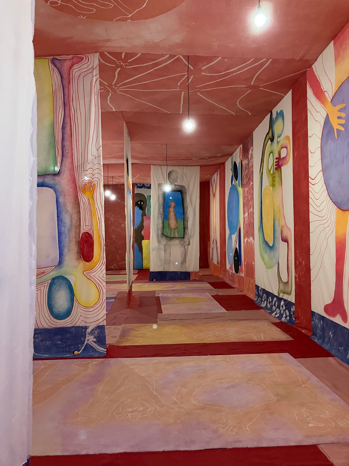 a brightly colored room with painted walls, ceiling, and floors, divided by colorful hangings