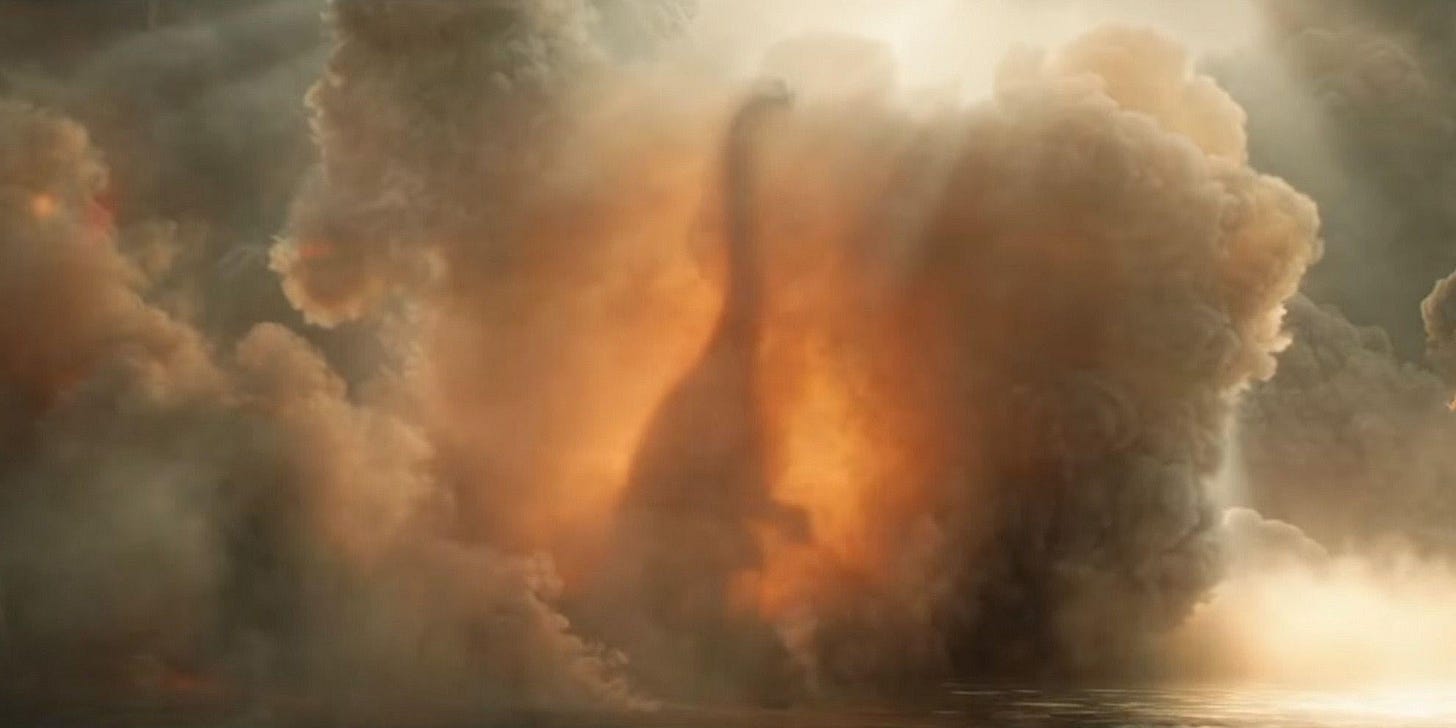 the image in question: a brachiosaur enveloped by smoke and ash in Jurassic World: Fallen Kingdom